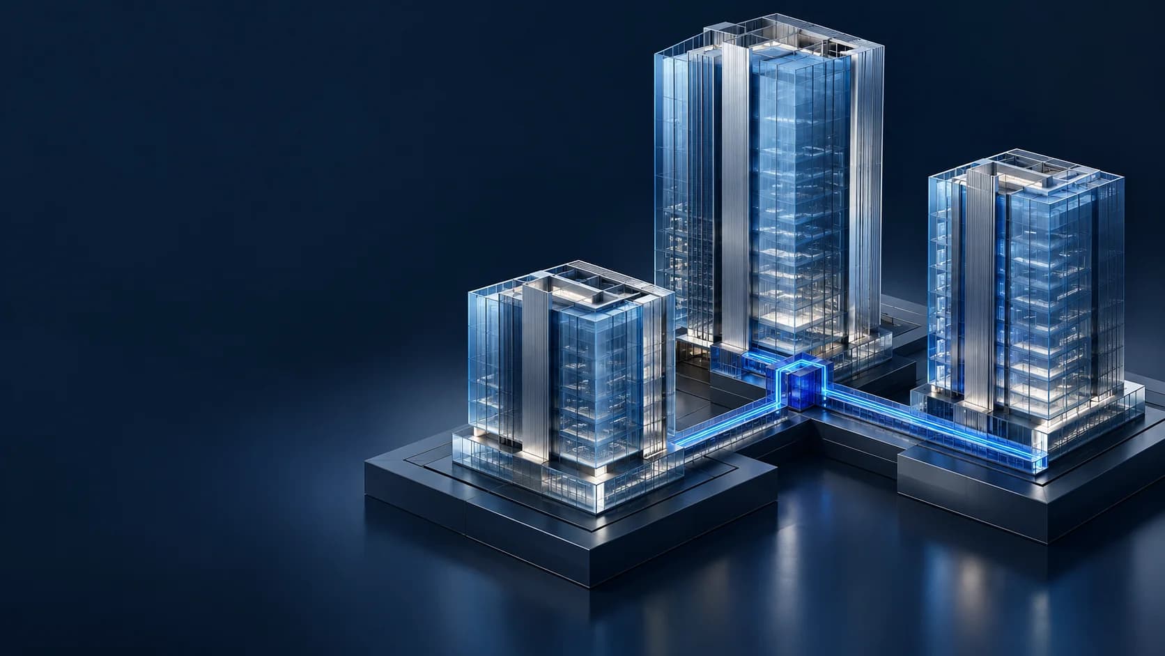Conceptual cloud architecture illustrated as connected glass structures on a precise blue foundation.