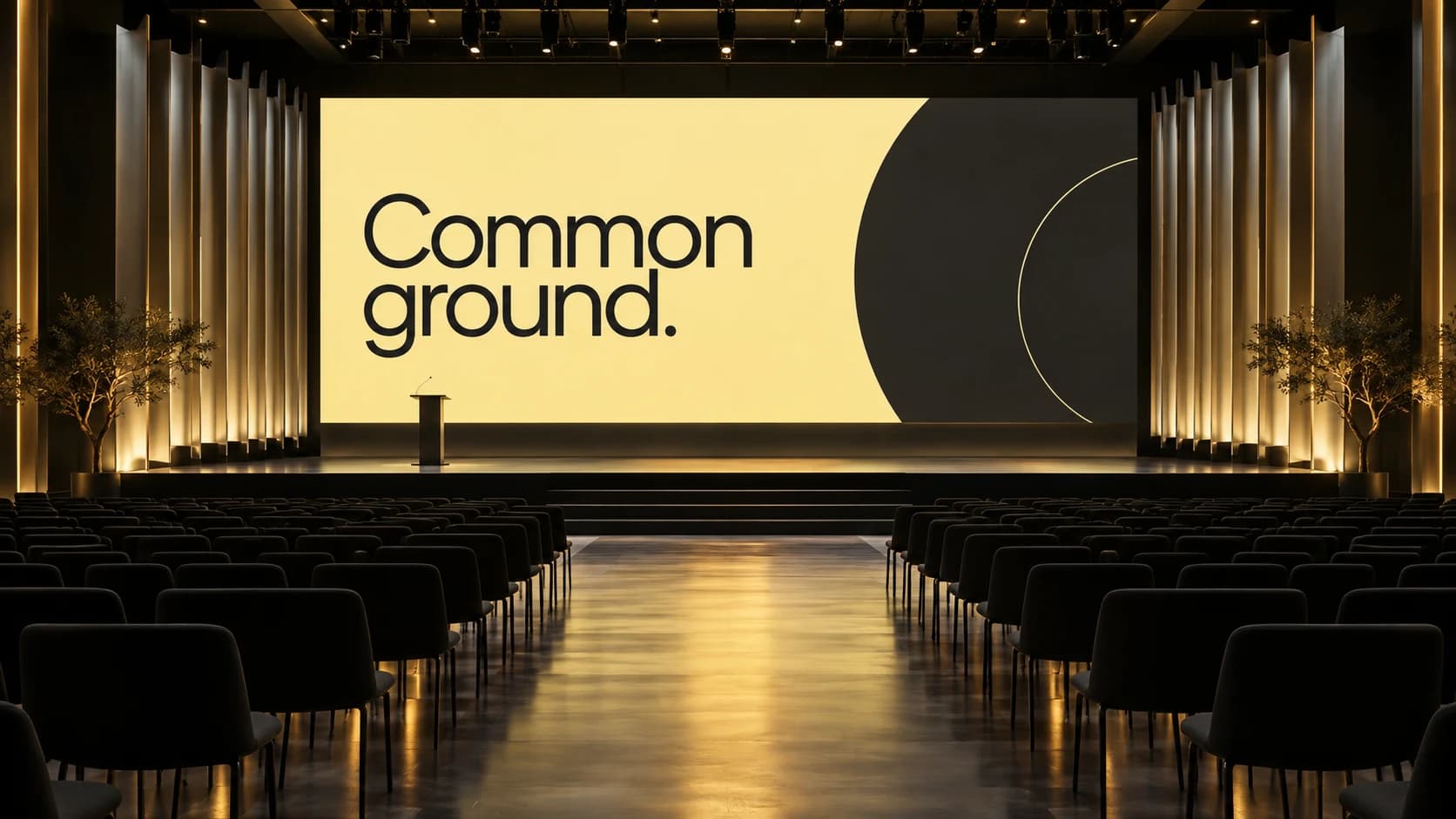 A leadership conference concept with a yellow and charcoal event identity carried across a large stage screen.