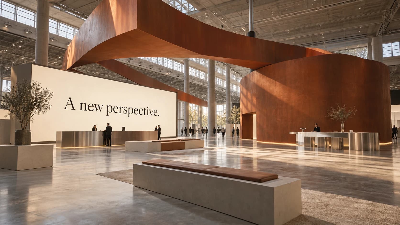 Concept rendering of a technology exhibition with a sculptural terracotta canopy, illuminated display, and open meeting areas.